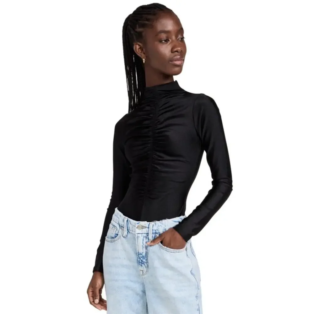 Good American Good Touch Disco Ruched Mock Neck Thong Bodysuit Black Size XXL